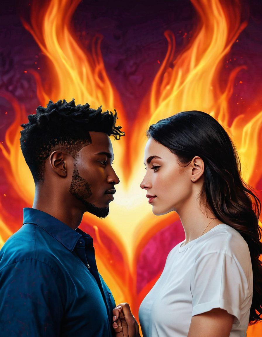 A visually striking representation of two diverse individuals engaged in a deep conversation, surrounded by abstract symbols of passion and intimacy, such as hearts and flames. The background should feature a blend of warm colors to evoke emotion and connection. Incorporate elements of digital media to symbolize explicit content, like glowing screens or messages interspersed among them. The atmosphere should feel inviting and thought-provoking, capturing the essence of modern relationships. vibrant colors. super-realistic.